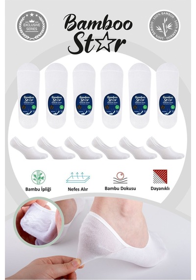Bamboo Star Bambu Erkek Babet Beyaz Çorap Dikişsiz Görünmez Kaydırmaz Topuk Silikonlu Premium 6'lı Beyaz Paket