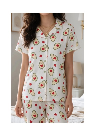 Angbutik Avokado Desenli Kısa Kollu Gömlek Yaka Milan Kumaş Kadın Pijama Takımı Renkli