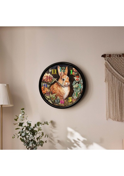 Çiçekler Arasında Tavşan Temalı Dekoratif Duvar Saati 28 Cm Sessiz Mekanizma Çok Renkli 40200316