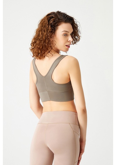Los Ojos Haki Hafif Destekli Kaplı Önü Büzgülü Crop Top Büstiyer Low Scoop Haki
