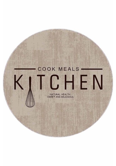 Bej Kaymaz Taban Kitchen Yazılı Yuvarlak Mutfak Halısı Ar801n11