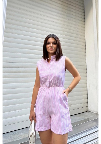 Lila Kolsuz, Düğmeli Hakim Yaka, Beli Lastikli, Cepli, Şort Modelli Kısa Çizgili Tulum Pembe