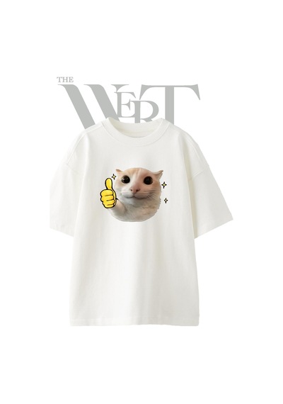 Thewert Cat Thumbs Up Tasarım Baskılı Ünisex Beyaz Oversize T-shirt