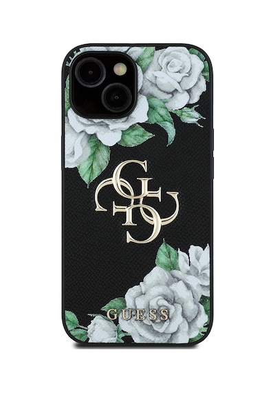 Apple Uyumlu iPhone 15 Kılıf Guess Lisanslı Gül Baskılı Büyük Metal Logo Dizaynlı Kapak Siyah
