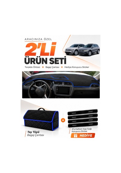E-biz Volkswagen Tiguan 2016-2023 Uyumlu Torpido Örtüsü + Tay Tüyü Çanta - Siyah-mavi - Vw024