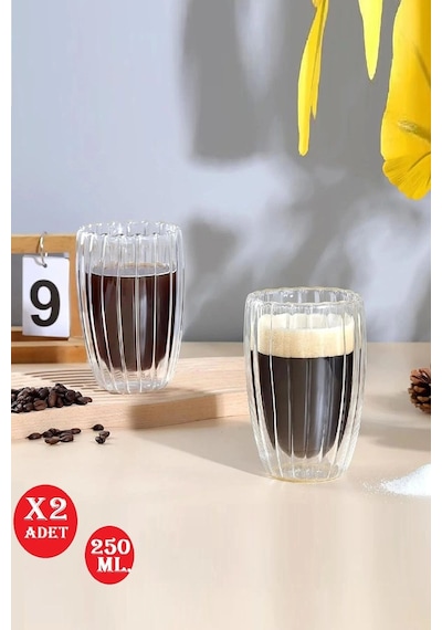 2'li Çift Cidarlı 250ml Isıya Dayanıklı Cam Bardak Sıcak Soğuk Çizgili Çay Süt Kahve Kupası Bardağı