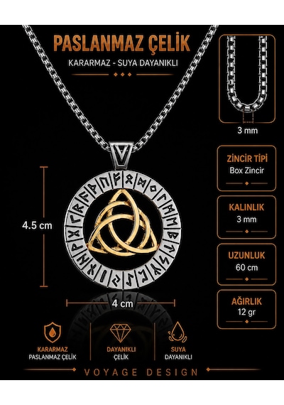 Paslanmaz Çelik Rün Sembolleri İskandinav Triquetra Mitolojik Viking Kolye Altın - Gümüş