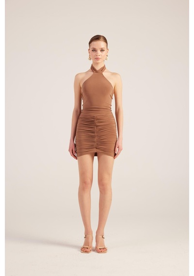 Holly Lolly Halter Yaka Büzgülü Mini Perla Elbise Kahve