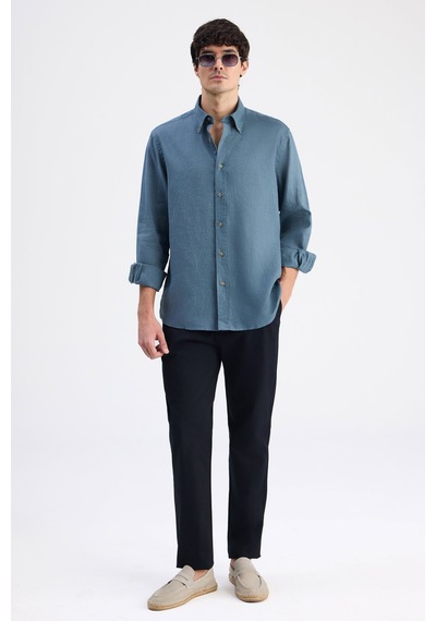 D'S Damat Ds Damat Comfort Petrol Flamlı Pamuk-keten Yazlık Gömlek 6hc02ort01304 R01