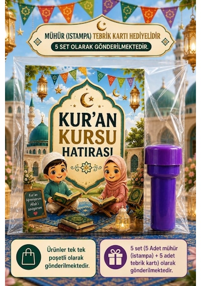 5 Adet Kur'an Kursu Hatırası Mühür Istampa Tebrik Kartı Hediye Seti