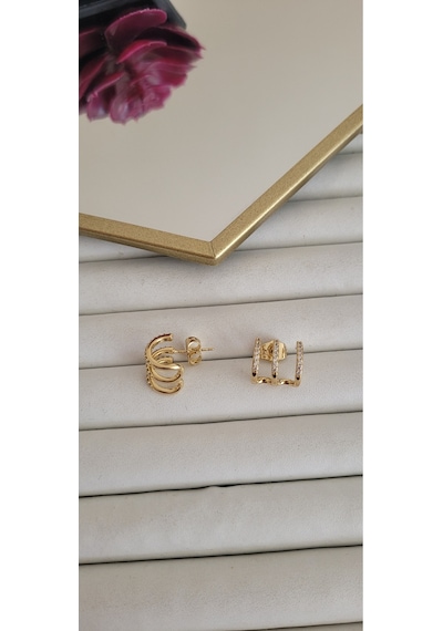 Çelik Zirkon Taşlı Gold Renk Kadın Küpe Altın