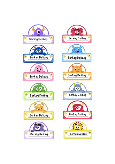 Kişiye Özel 12 Adet Sevimli Canavar Temalı Kitap Etiketi - İsim Ve Ders Alanlı A4 Sticker Diğer