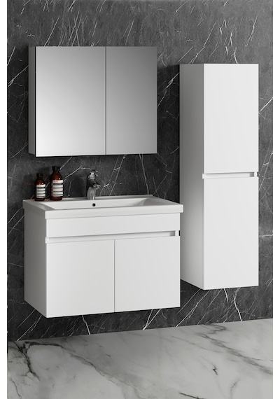 Çiğdem 80+35 Cm Beyaz Mdf Lavabolu Asma Banyo Dolabı Takımı Beyaz