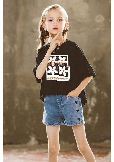 Uyguntarz Çocuk Seren Dipity Baskılı Pamuklu Tshirt Siyah