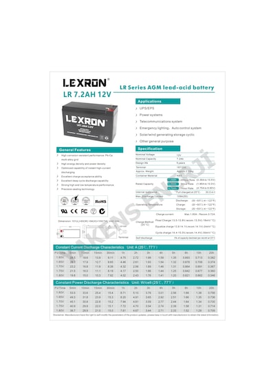 7.2 Ah 12v Kuru Akü Lexron