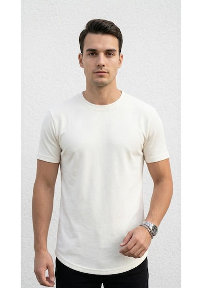 Plus Scorpion Erkek Slim Fit Basic Tişört Esnek, Terletmeyen Pike Dokulu Kumaş Ekru