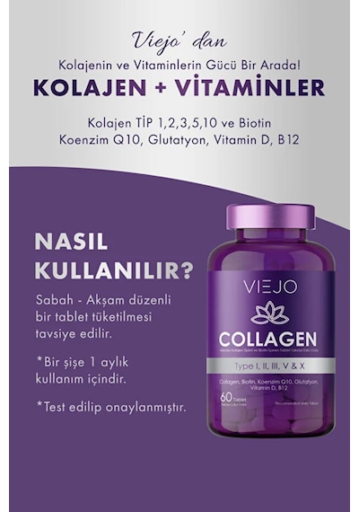 Kolajen Ve Vitaminler Tip 1,2,3,5,10 Ve Biotin, Koenzim Q10, Glutatyon, Vitamin D, B12 60 Tablet