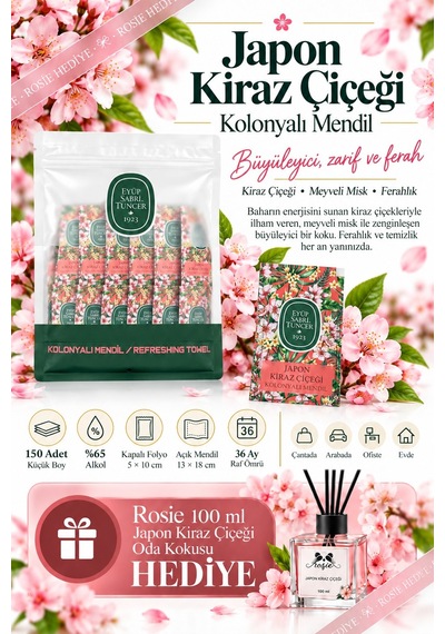 Eyüp Sabri Tuncer 150'li Kolonyalı Mendil 6'lı İmza Kokular Seti + Rosie 100 Ml Japon Kiraz Çiçeği Tekli