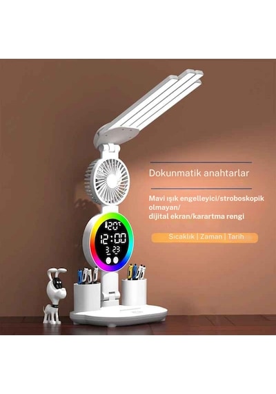 Monozone Rgb Şarjlı Led Masa Lambası Fanlı 4başlı Lamba Rgb Saat Ekranlı Kısılabilir Çalışma Lambası Beyaz