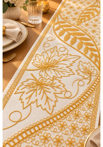 Nakışlı Geometrik Desenli Dekoratif Runner Masa Örtüsü 45x120 Cm Sarı