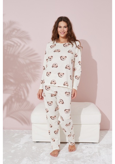 Siyah İnci Örme Pijama Takım 7781 Krem Ayıcık