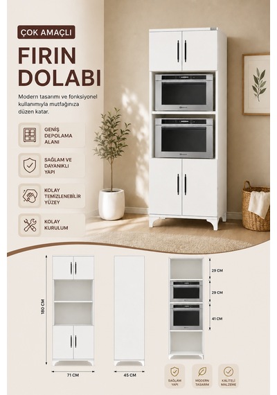 Renazzo %100 Mdf Çok Amaçlı Kapaklı Ve Açık Dolap, Fırın Ve Beyaz