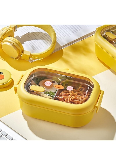 Valkyrie 304 Paslanmaz Çelik Çocuk Beslenme Kabı Kedili Termal Çantalı 2 Bölmeli Lunch Box Yemek Kabı Sarı