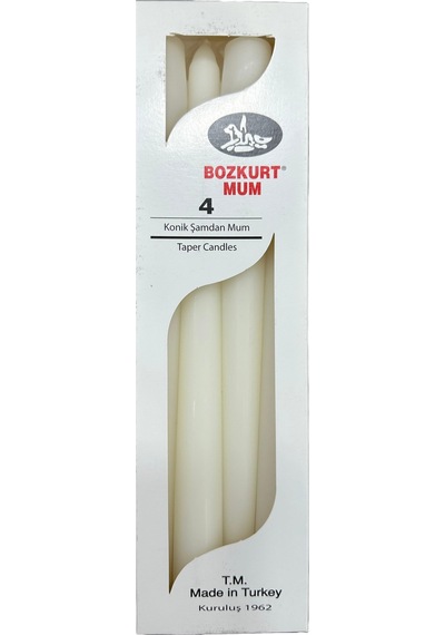 Bozkurt Konik Şamdan Mum Fener Mumu - Beyaz - 24 Cm. - 4 Adetlik Paket Beyaz