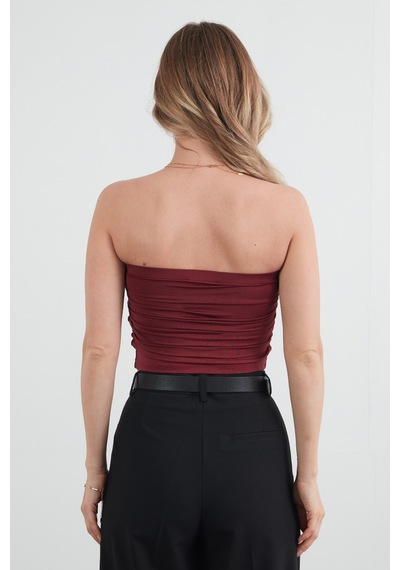 Fullamoda Basic Yanları Drapeli Straplez Büstiyer Bordo