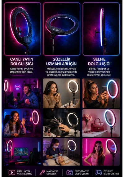 21 İnç Rgb Led Halka Işık, 3 Telefon Tutuculu, Uzaktan Kumandalı, Tiktok Youtube Makyaj Ring Light