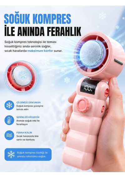 199 Kademeli Şarjlı El Vantilatörü Soğutmalı Mini Fan Dijital Ekranlı Type-c Şarjlı Taşınabilir El Fanı Boyun Askılı Pembe