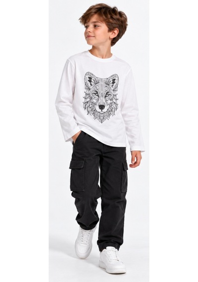 İrem Erkek Çocuk Kurt Desenli Uzun Kol Ekru Renk Penye İnce Sweatshirt