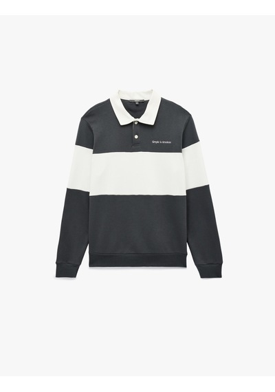Koton Renk Bloklu Nakışlı Polo Yaka Uzun Kollu Sweatshirt Antrasit 7wam70026mk