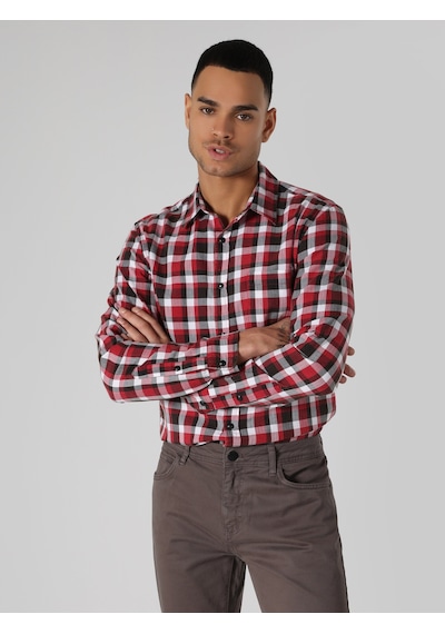 Colin's Slim Fit Kareli Kırmızı Erkek Uzun Kol Gömlek CL1061712_Q1.V1_RED
