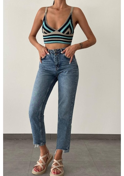 Lacarino 7609 Mom Fıt Kadın Jean Pantolon Blue