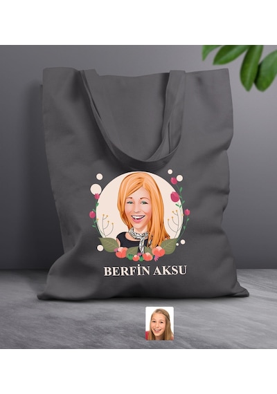 Bk Gift Kişiye Özel Anneler Günü Karikatürlü Antrasit Kumaş Bez Çanta, Baskılı Omuz Çantası, Alışveriş Çantası, Anneye Hediye-1 Antrasit