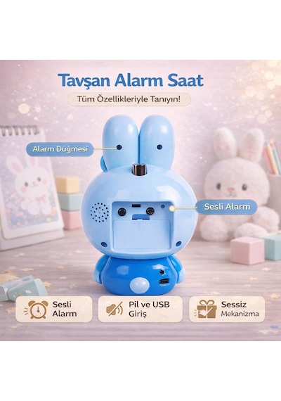 Tavşan Figürlü Masa Saati Bebek Mavisi