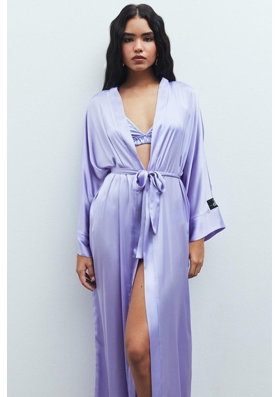 Frappant Lila Uzun Saten Sabahlık / Kimono Lila