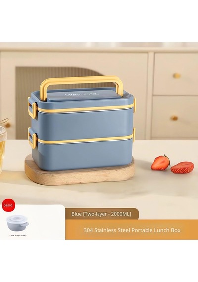 Beslenme Kutusu Paslanmaz Çelik - 2000 Ml Çorba Yoğurt Kaseli 2 Katlı Yeni Nesil Sefer Tası Lunch Box Mavi
