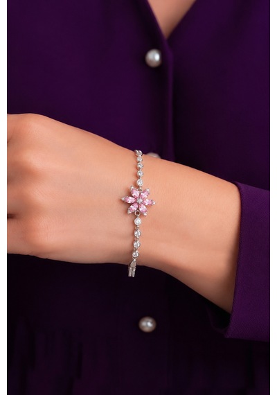 925 Ayar Gümüş Rodyumlu Pembe Kuvars Taşlı Lotus Çiçeği Bileklik St434