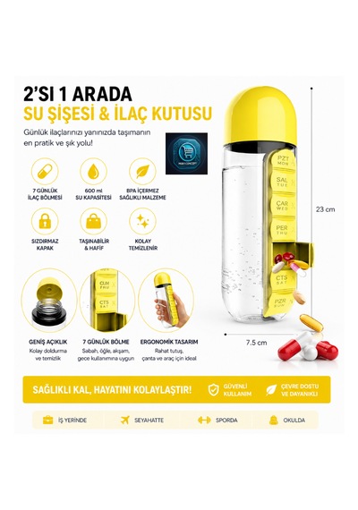 Su Şişesi & Ilaç Kutusu 2'si 1 Arada 600 Ml Matara Suluk Sarı