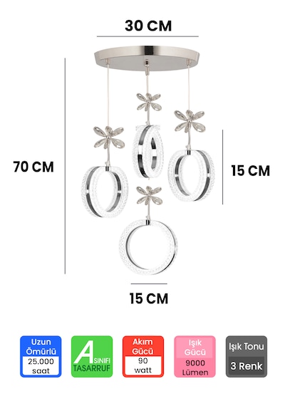 3 Renk Kumandalı Krom Kasa Yüzük Led Avize 4 Lü Modern Ledli Aviz