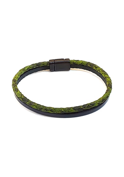Olive Pure Braid Yeşil Örgü Detaylı Siyah Erkek Hakiki Deri Bileklik-1411 Antrasit