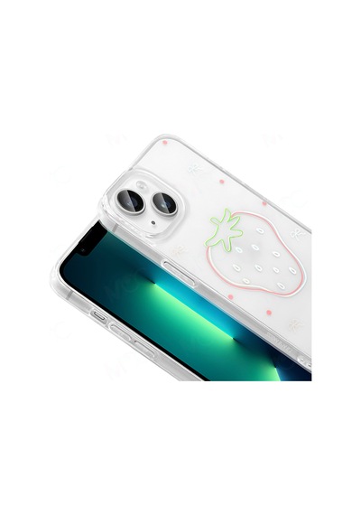 Apple Uyumlu iPhone 13 Kılıf Şeffaf Figürlü Folk Sert Kılıf Çilek