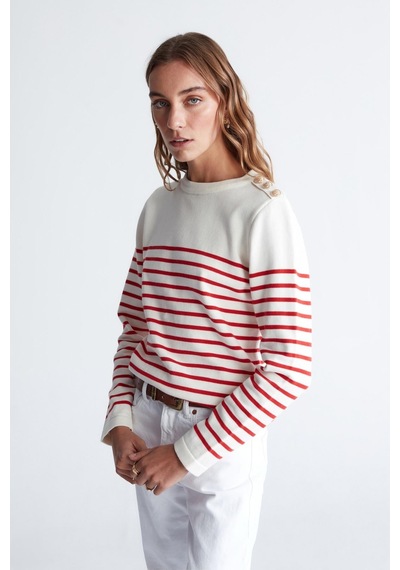 Styleboom X Peraluna Audrey Pullover Omzu Düğmeli Çizgili Organik Pamuk Mevsimlik Kadın Triko Kazak Ekru/kırmızı-ekru Ekru