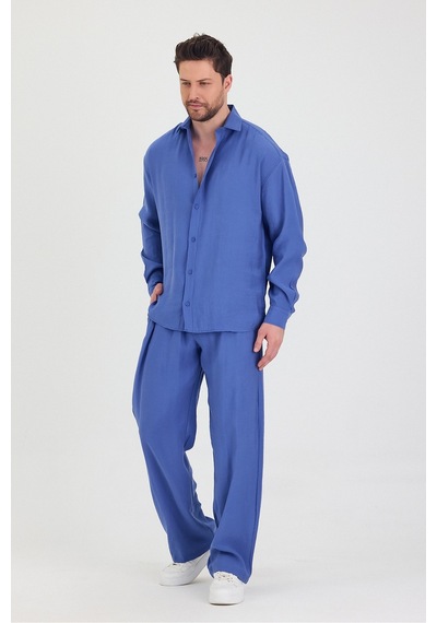 Erkek Oversize Rahat Kalıp Gömlek-pantolon Alt-üst Takım Saks Mavi