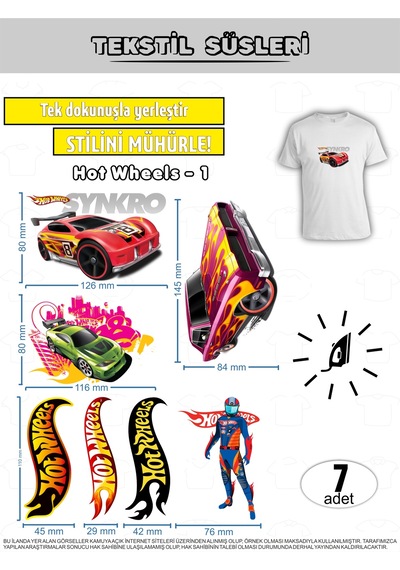 Ütü İle Yapışan Kıyafet Etiketi Hot Wheels Serisi-1 7li Set Karışık