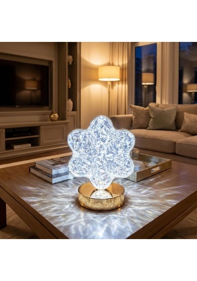 Çiçek Model Kristal Led Masa Lambası Dokunmatik, 3 Renk Işık Modlu, Şarjlı Mini Dekoratif Gece Lambası Beyaz