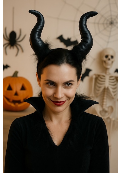 Cadılar Bayramı Malefis Maleficent Boynuzlu Taç 120 Cm Yakalı Pelerin Halloween Kostüm Seti