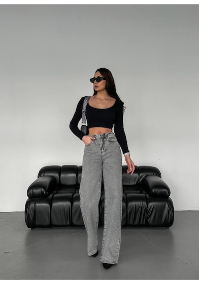 Wide-leg Geniş Paça Grey Snow Wash Denim Pantolon Gri